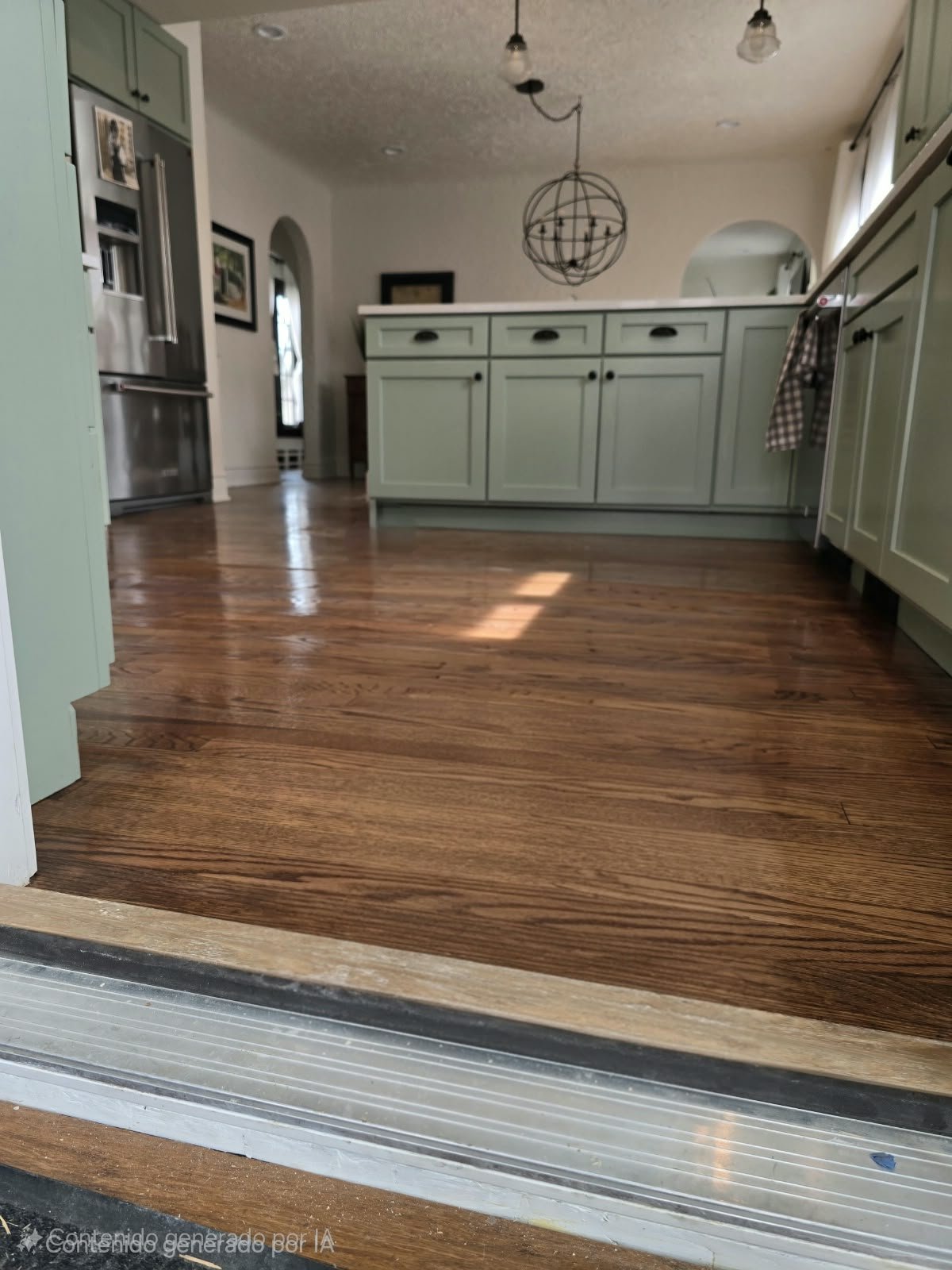 Finished hardwood floor after localized scratch repair and refinishing