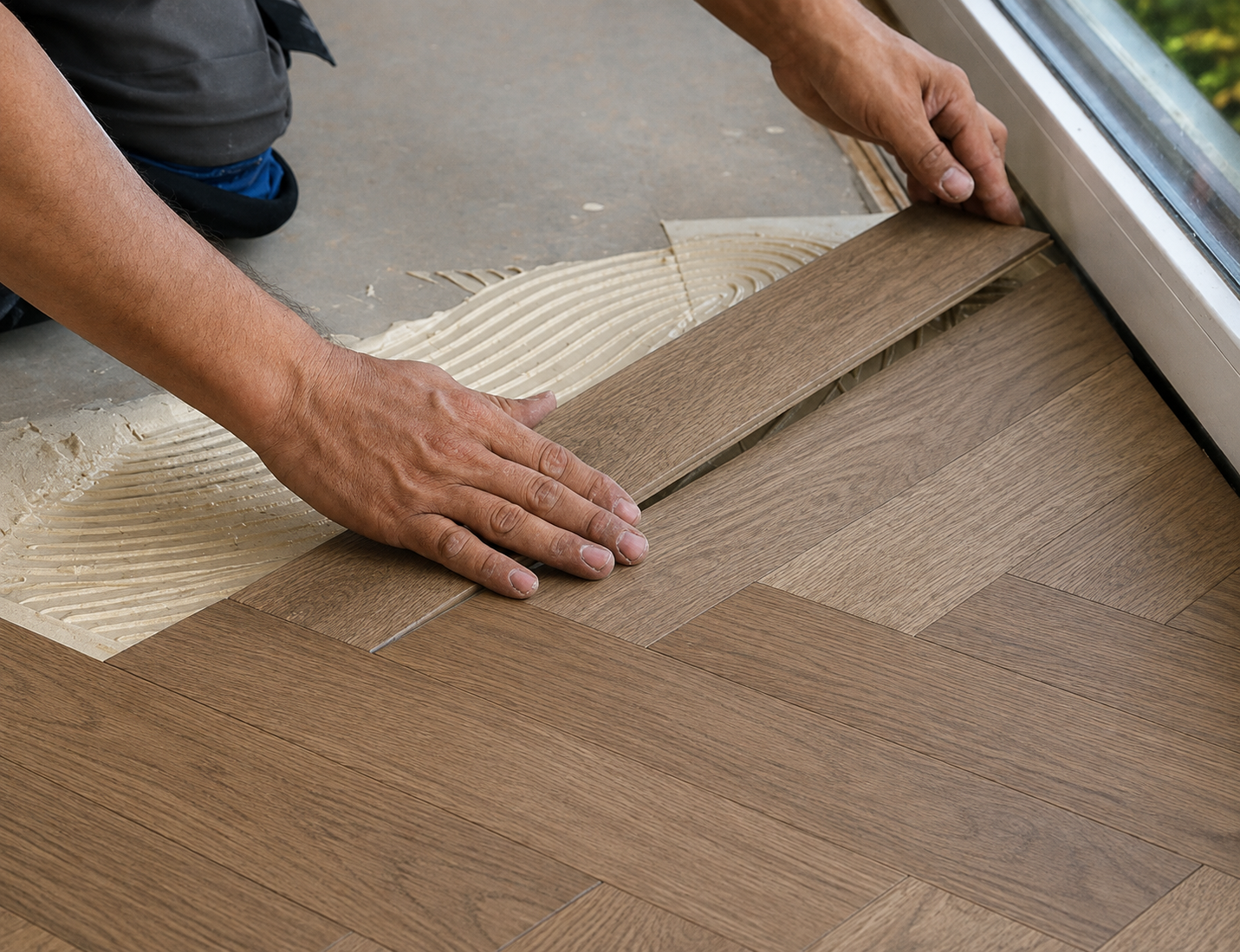 Engineered hardwood flooring full glue-down installation with dark matte wood