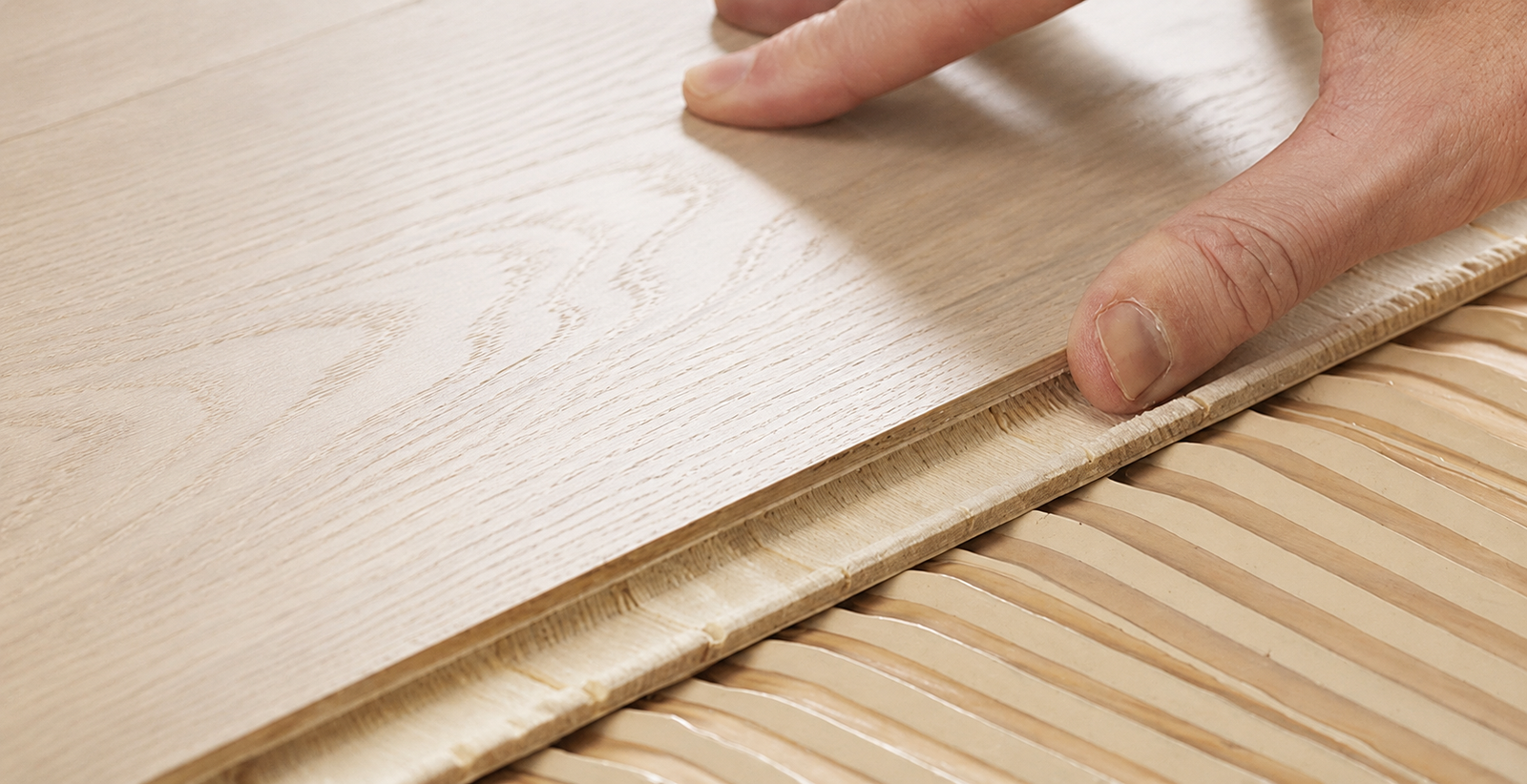 Engineered hardwood flooring full glue-down installation with light matte finish
