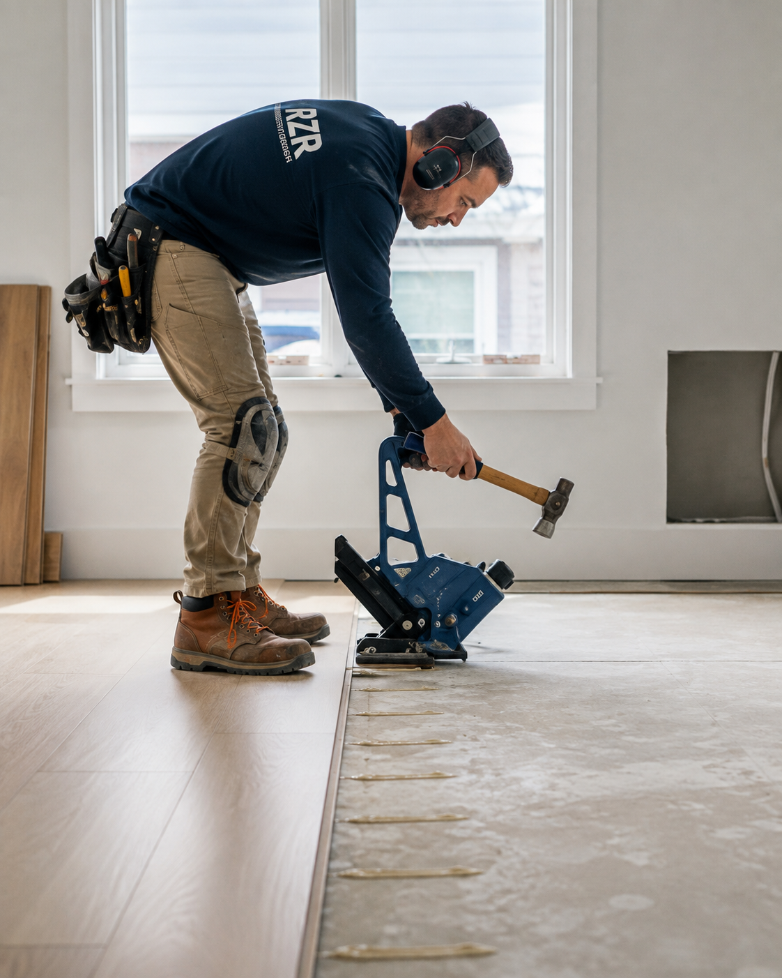 Professional nail-down and glue-assist hardwood floor installation
