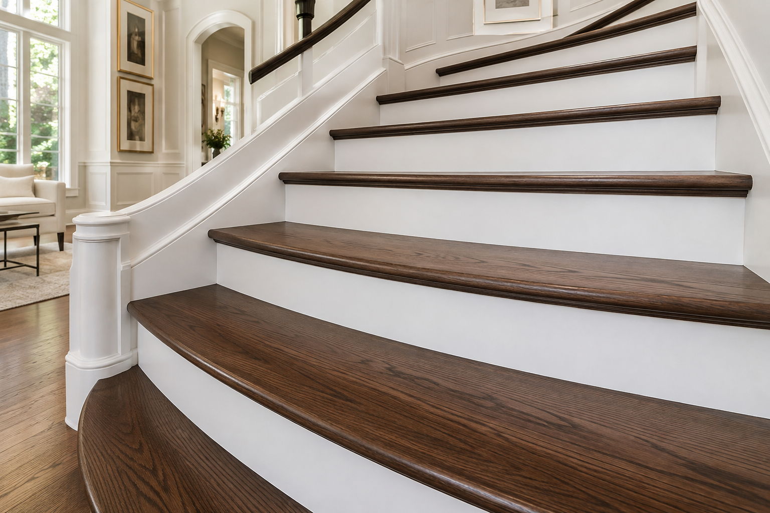 Premium hardwood stair tread refinishing